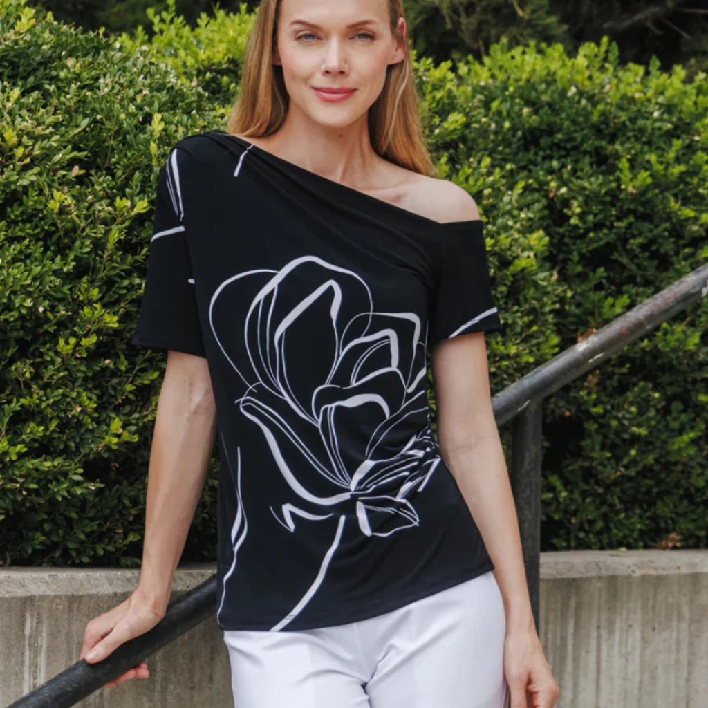 Clara Sunwoo : Angular Drape Neck Off Shoulder Top - Floral Outline