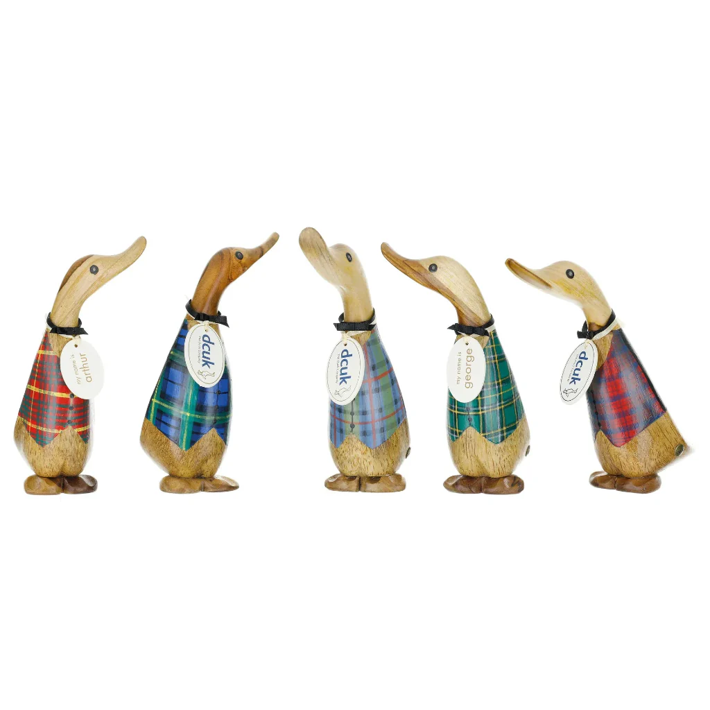 DCUK: Wooden Tartan Waistcoat Ducklings – Hand-Carved Bamboo Root Figurines