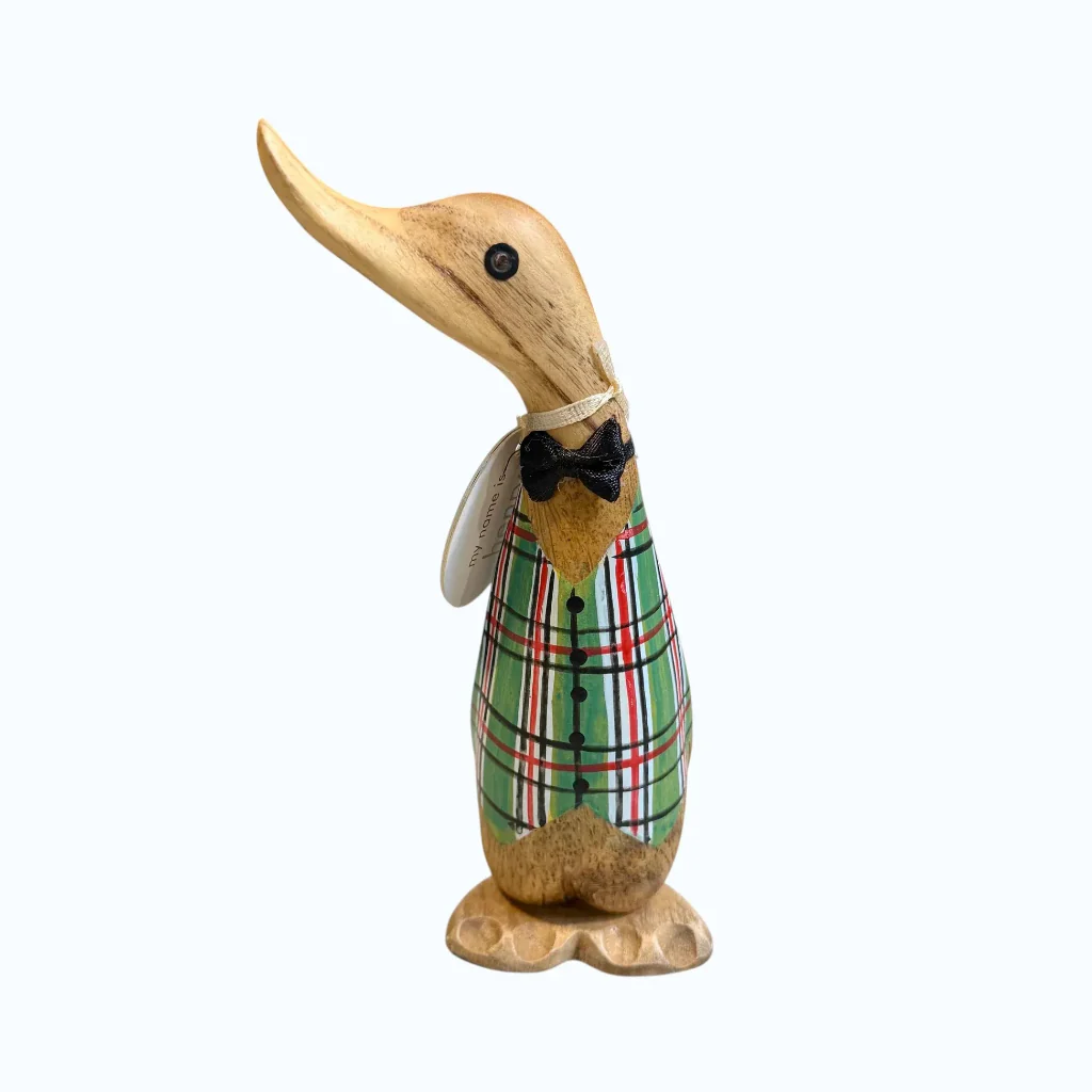 DCUK: Wooden Tartan Waistcoat Ducklings – Hand-Carved Bamboo Root Figurines - Image 2