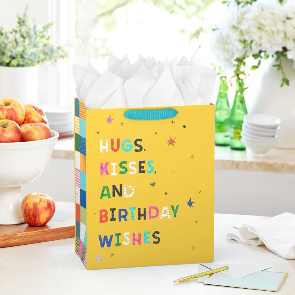 Hallmark : 13" Hugs, Kisses and Birthday Wishes on Yellow Large Gift Bag - Image 2