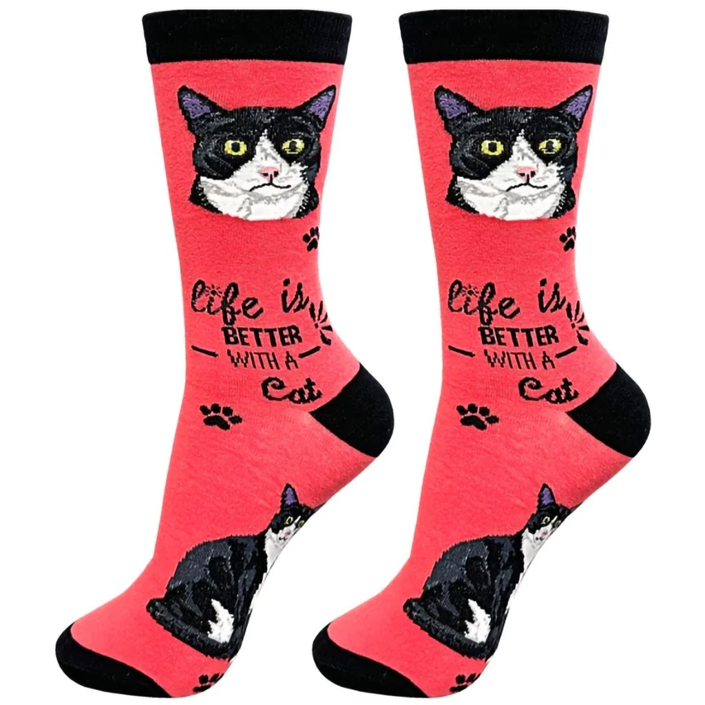 Life Is Better : Crew Socks - Black & White Cat
