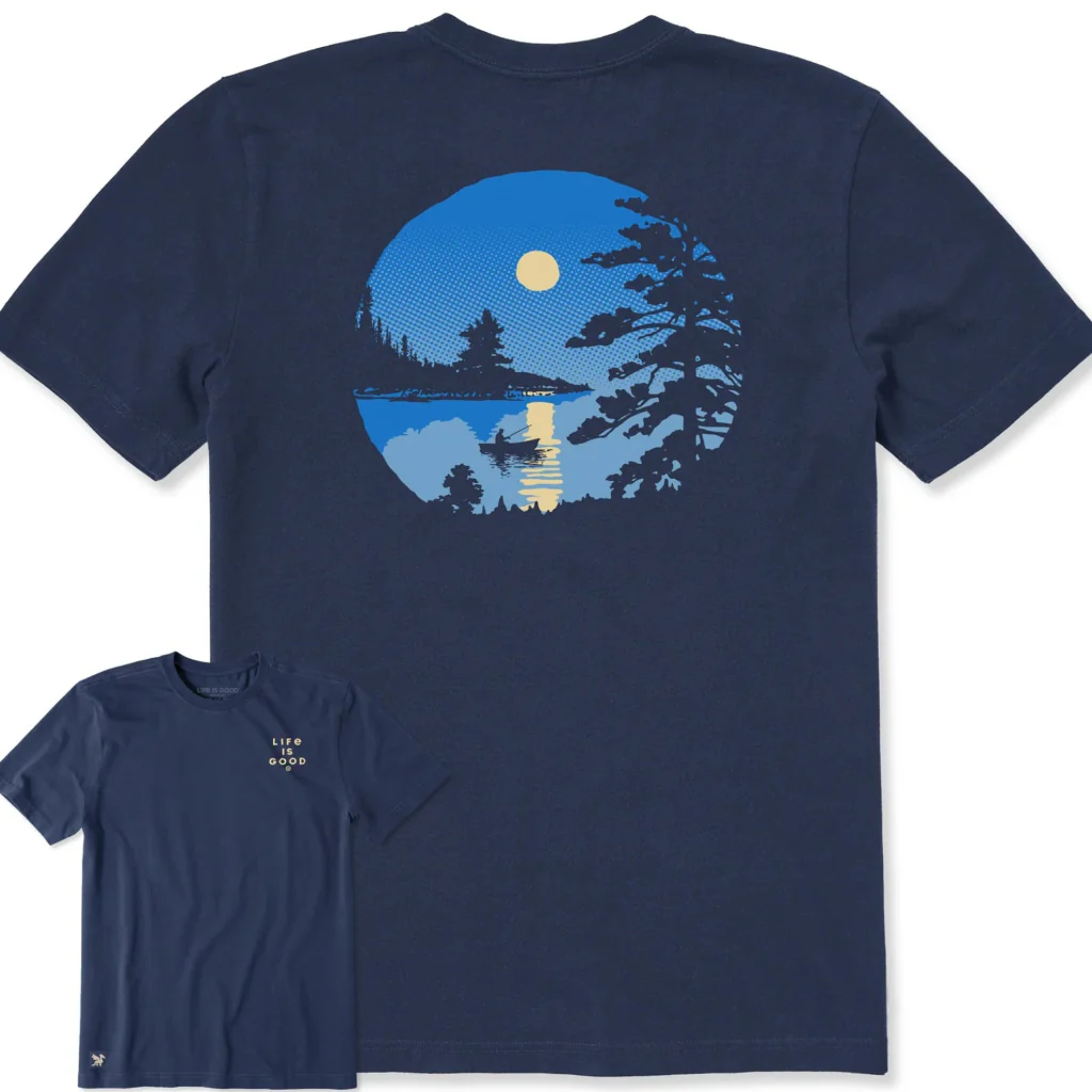 Life Is Good : Men's Moonlit Lake Boat T-Shirt
