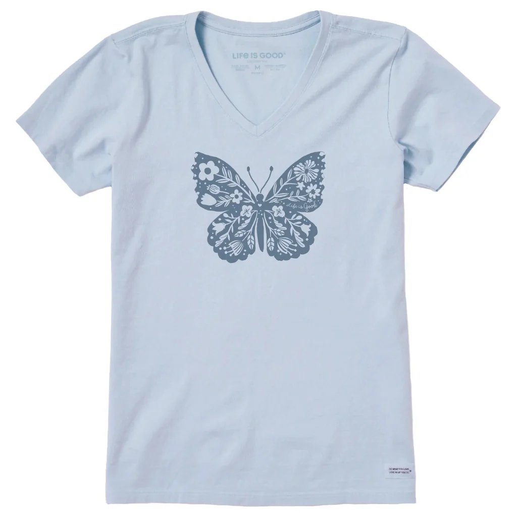 Life Is Good : Women's Floral Woodcut Butterfly Short Sleeve T-Shirt