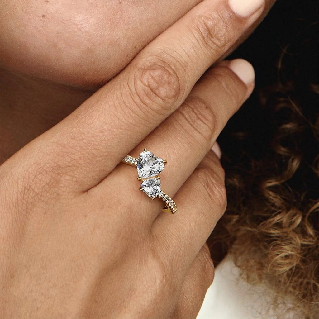 PANDORA : Double Heart Sparkling Ring in Gold Plated - Image 3