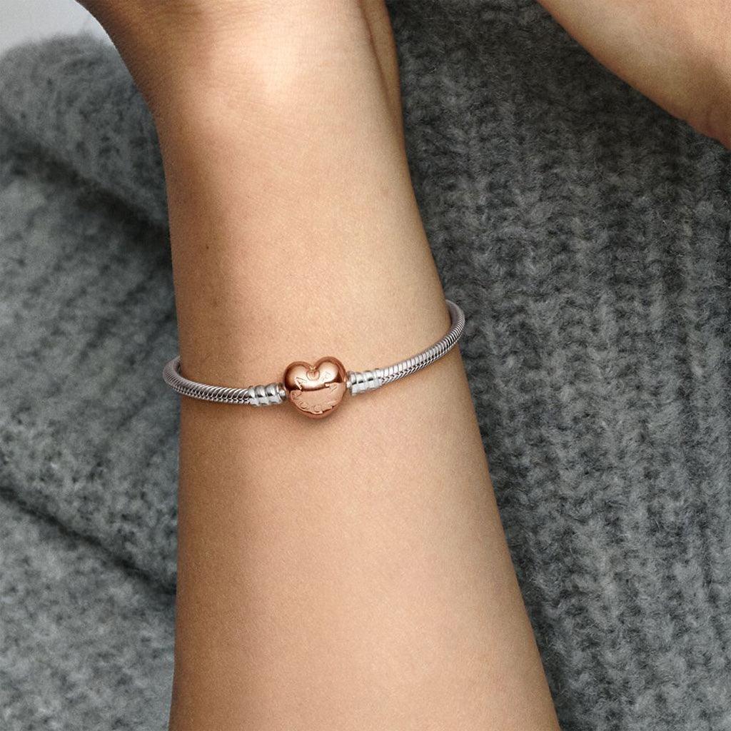PANDORA : Pandora Moments Heart Clasp Snake Chain Bracelet in Sterling Silver & Rose Gold - Image 3