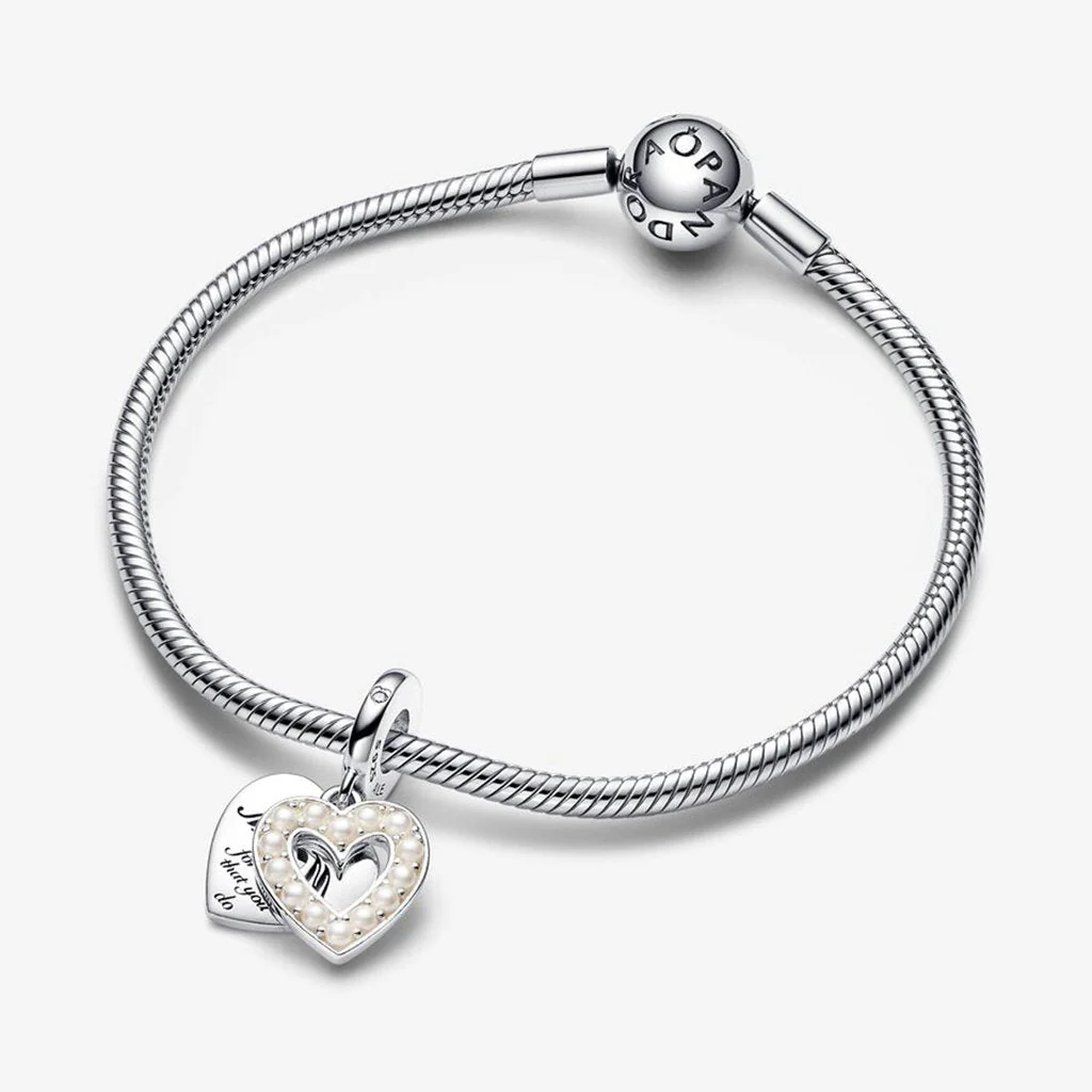 PANDORA : Pearlescent White Heart Double Dangle Charm - Image 5