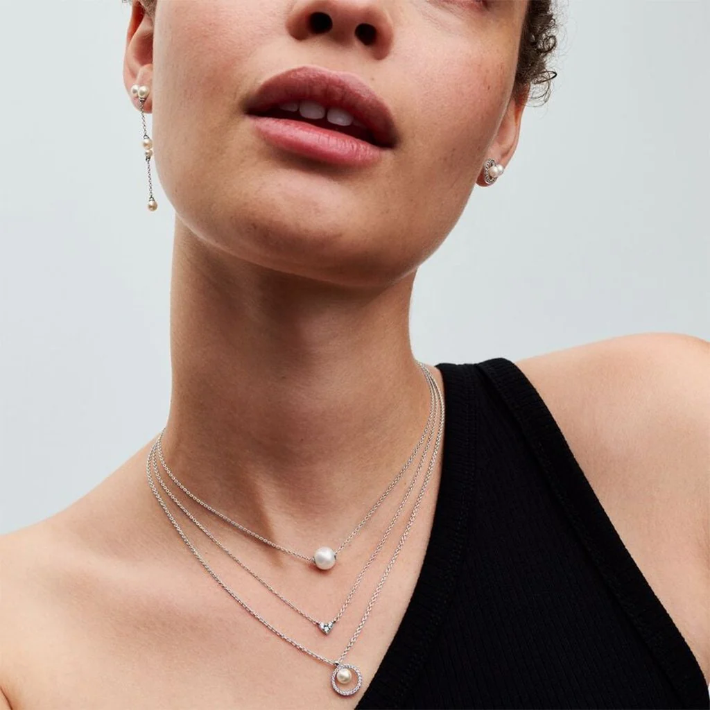 PANDORA : Treated Freshwater Cultured Pearl & Pavé Collier Necklace - Sterling Silver - Image 4