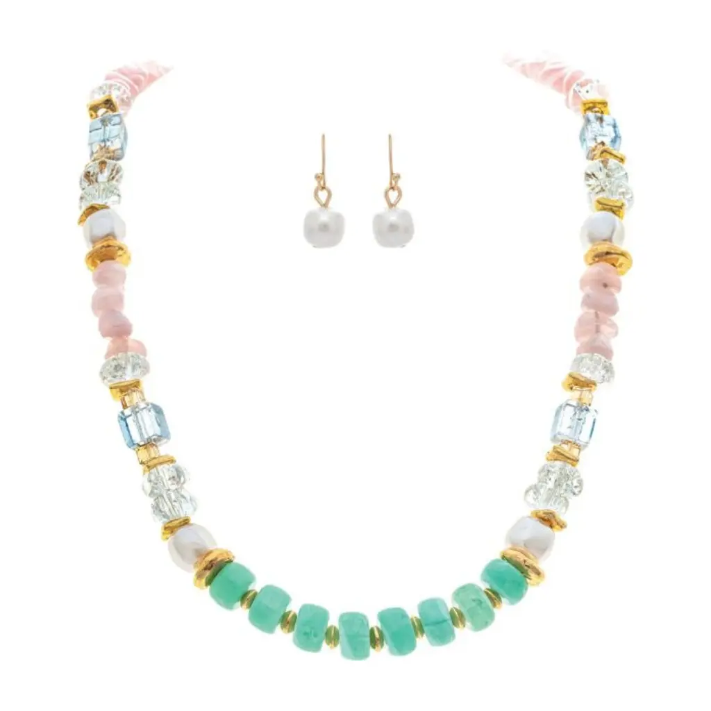 Rain Jewelry : Gold Pink Green Mixed Media Beaded Necklace Set