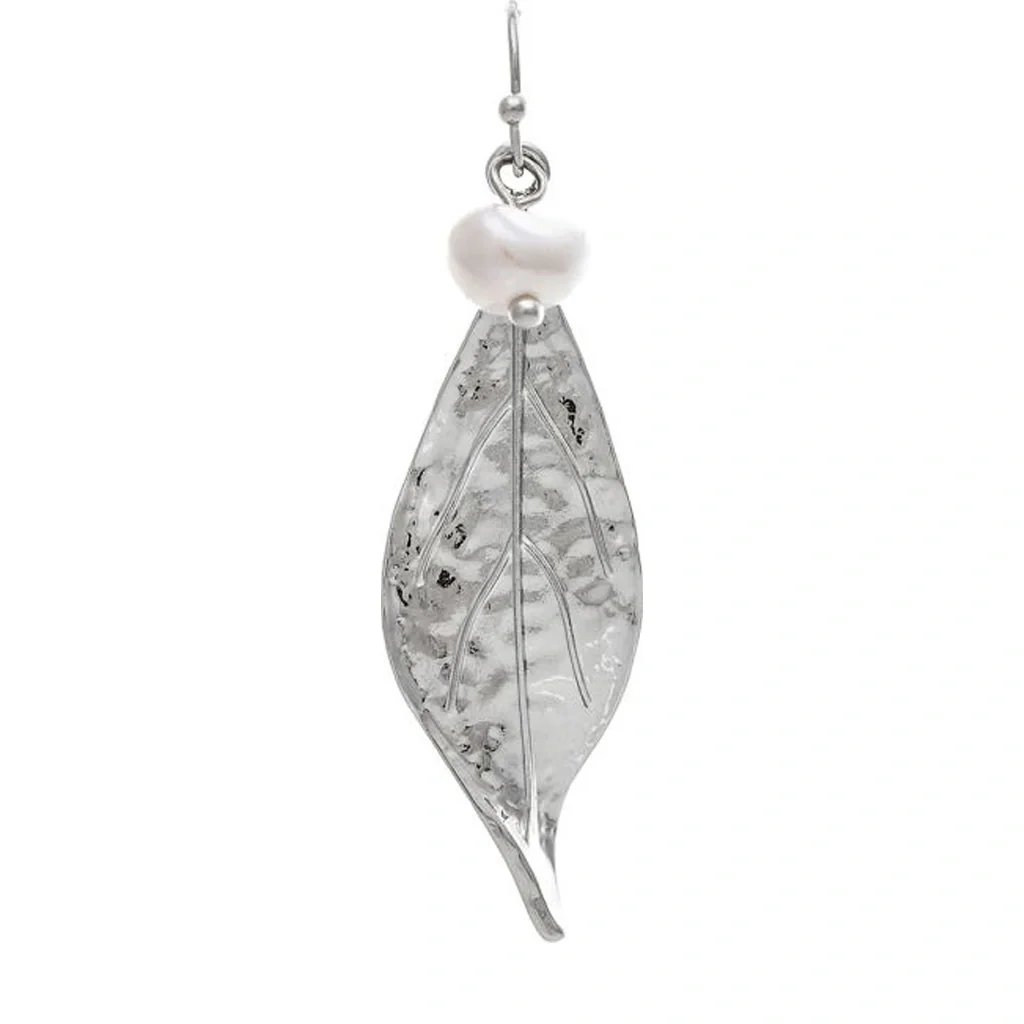 Rain Jewelry : Silver Lifelike Leaf Faux Pearl Earring