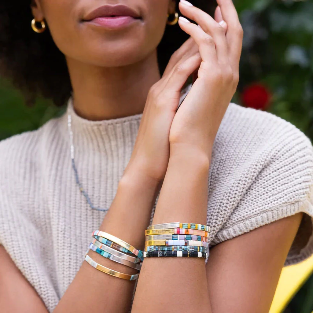 Scout Curated Wears : Good Karma Miyuki Bracelet "One Of A Kind" - Mist/Salmon/Silver - Image 3