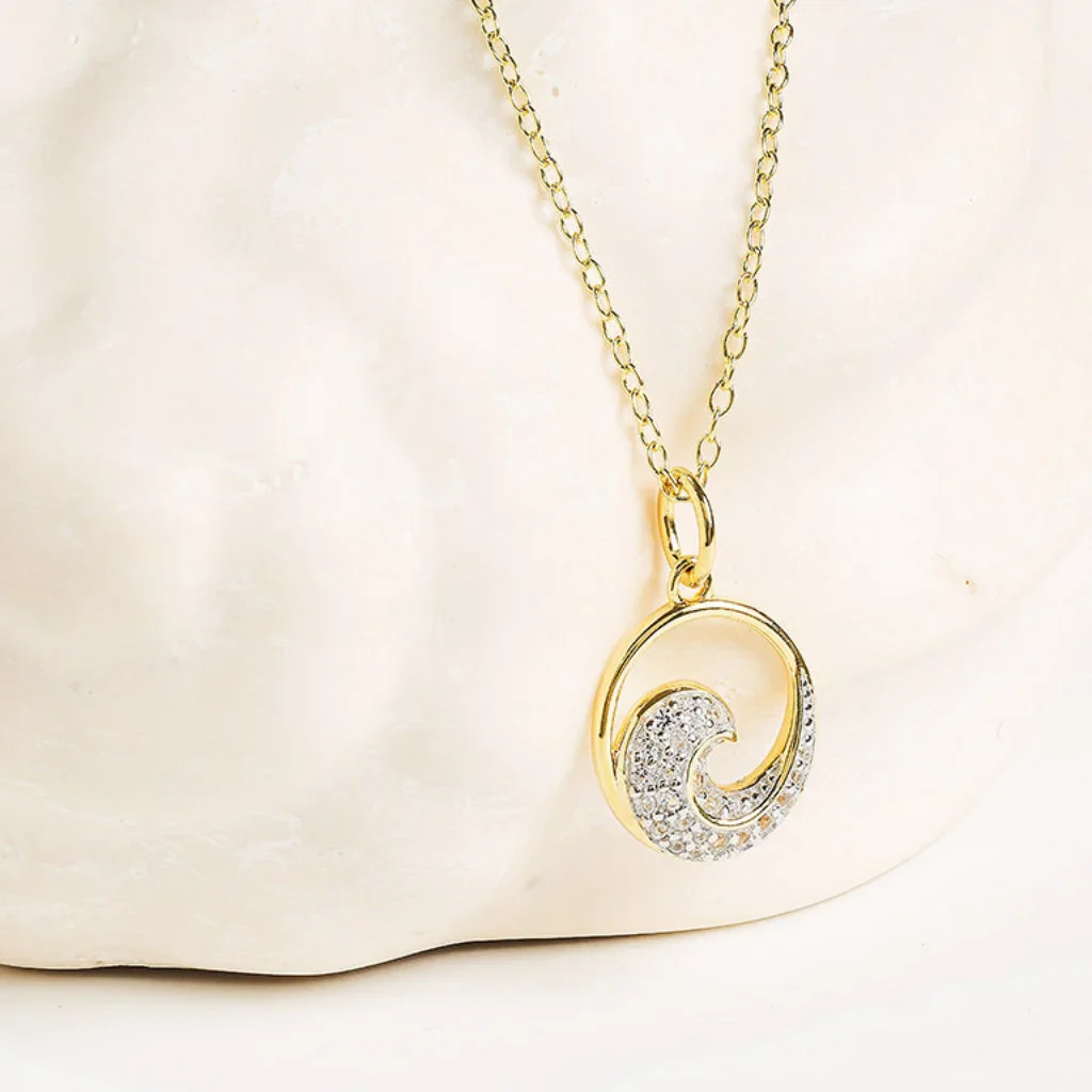 Shanore : 14kt Gold Vermeil white Sapphire Wave Necklace - Image 3